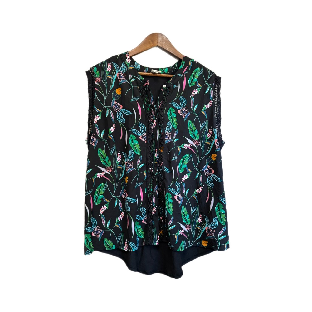 A New Day Sleeveless Top Womens XXL Black Floral Excellent Crochet High Low